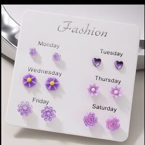 Six Day Purple Flower and Heart Stud Earring Set